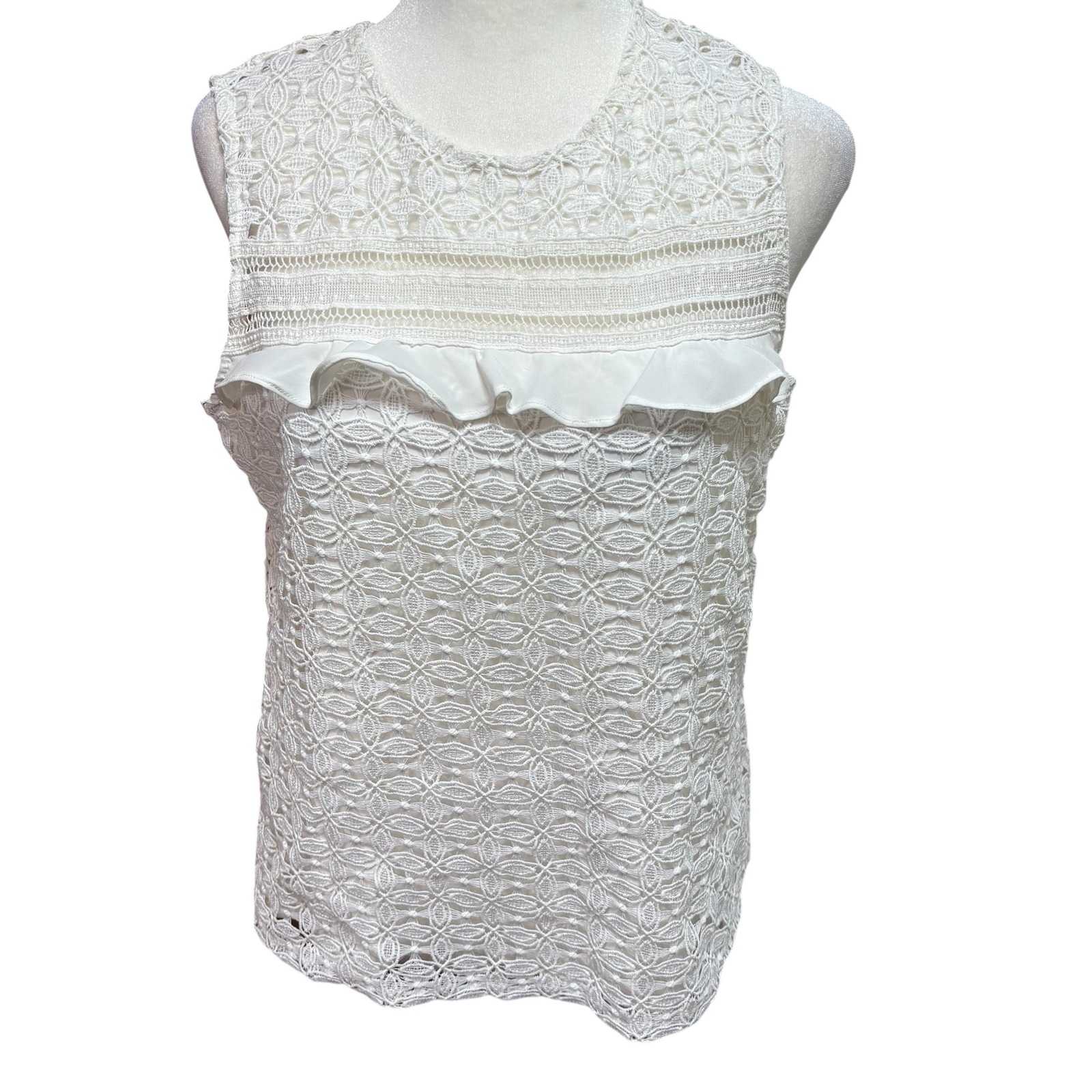 Tommy Hilfiger Womens White Floral Lace Ruffle Sleeveless Blouse Top Medium #992